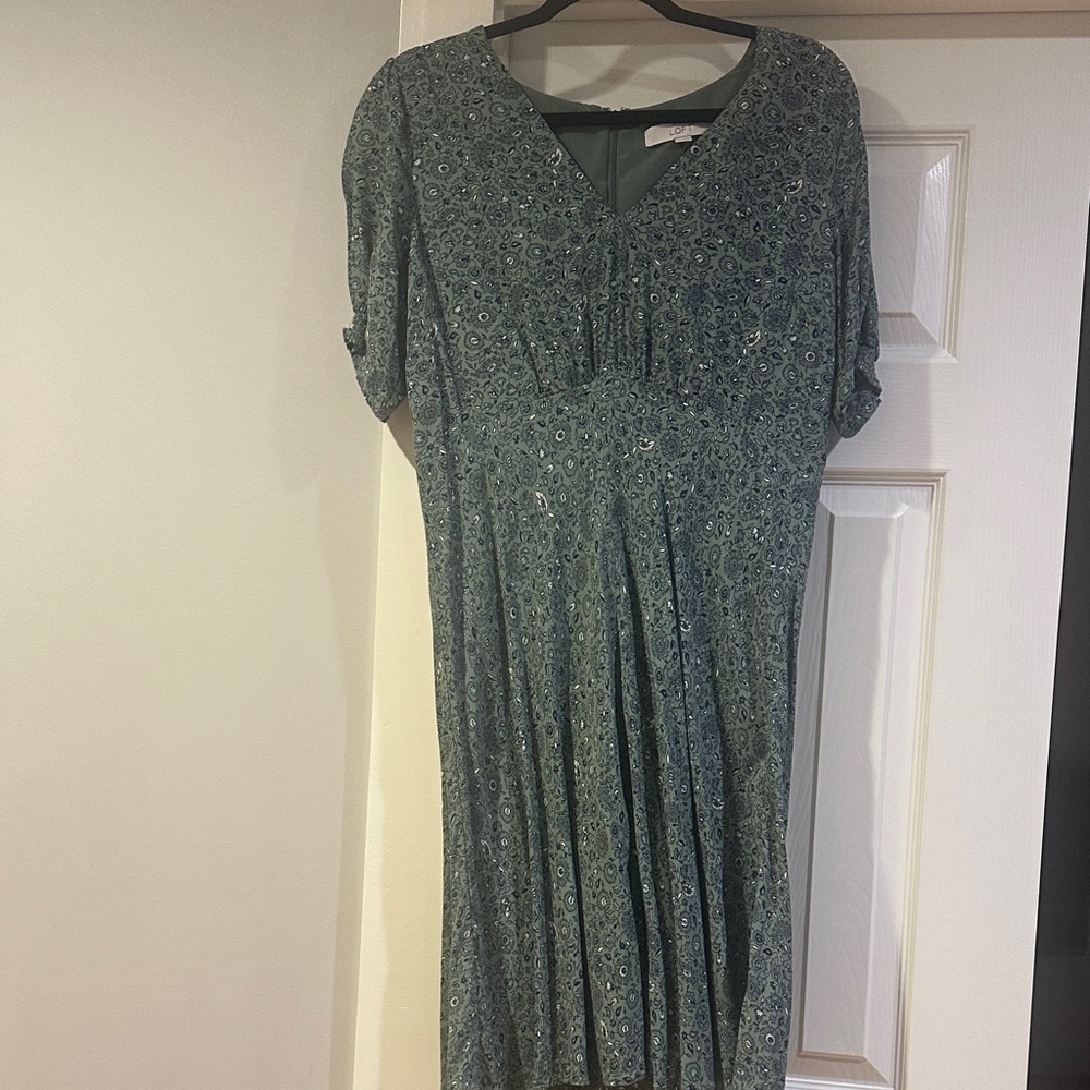 LOFT Teal Patterned Midi Dress
